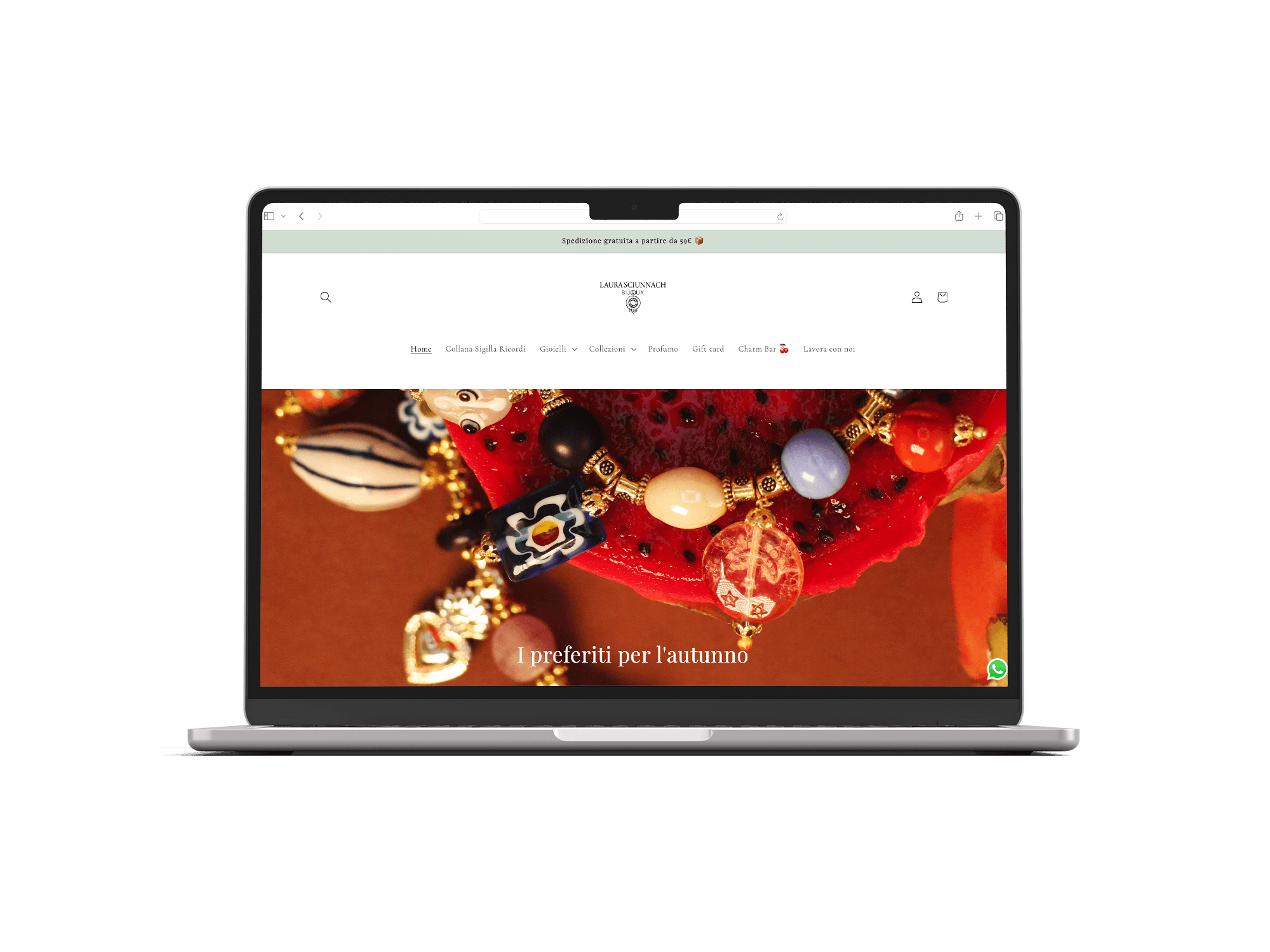 Realizzazione e-commerce per Laura Sciunnach a cura di Aura Studio, agenzia di comunicazione di Genova: progettazione sito web, sviluppo Shopify, ottimizzazione per la vendita online e creazione di un’esperienza digitale pensata per valorizzare i gioielli artigianali.