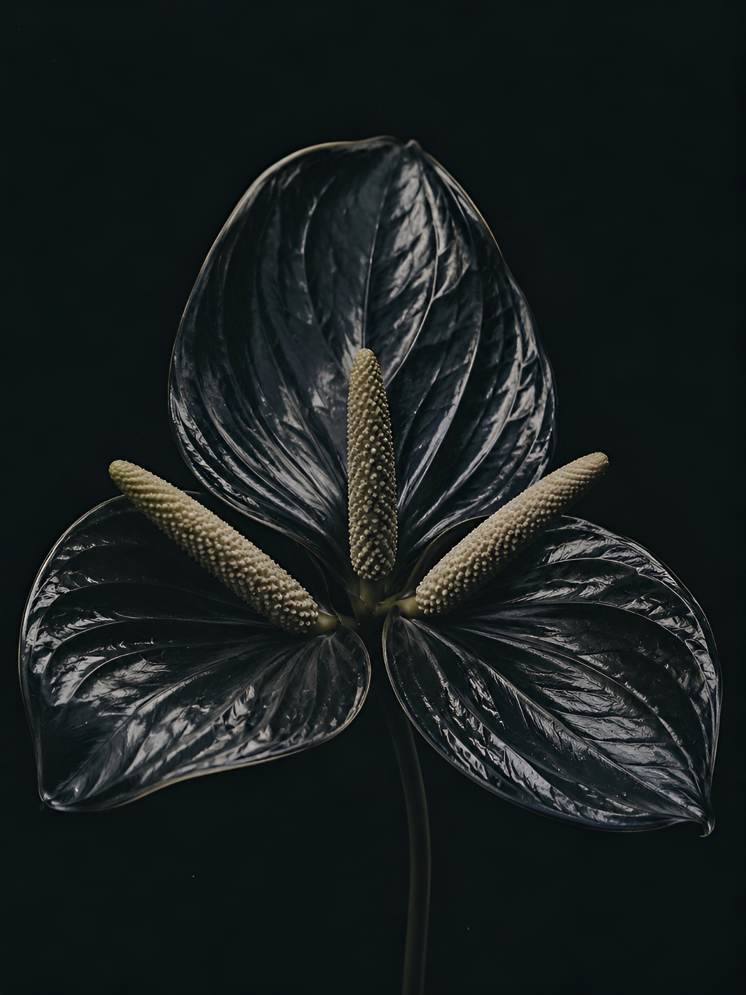 Close-up of a black flower with three petals on a black backdrop