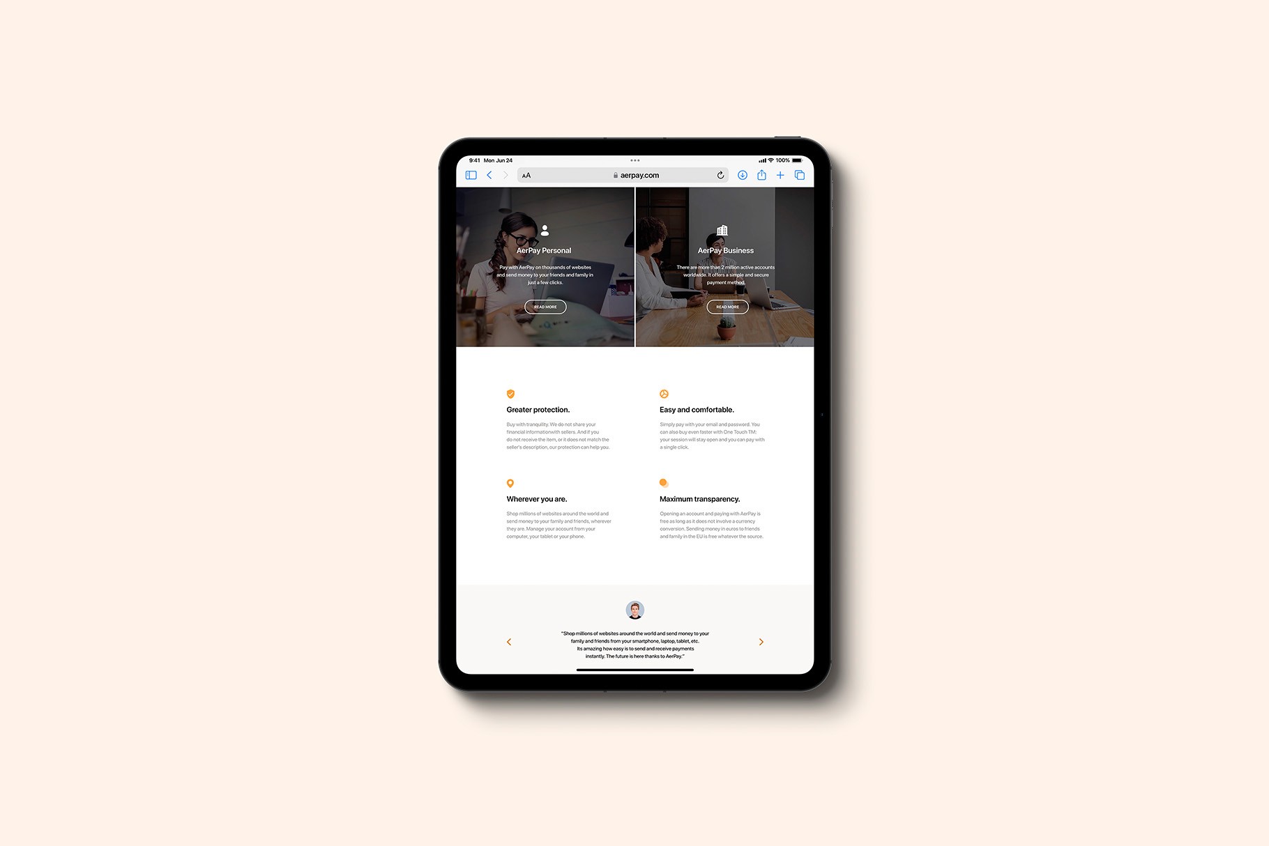 iPad Pro mockup displaying a modern website design, set against a warm beige background for a sophisticated look.
