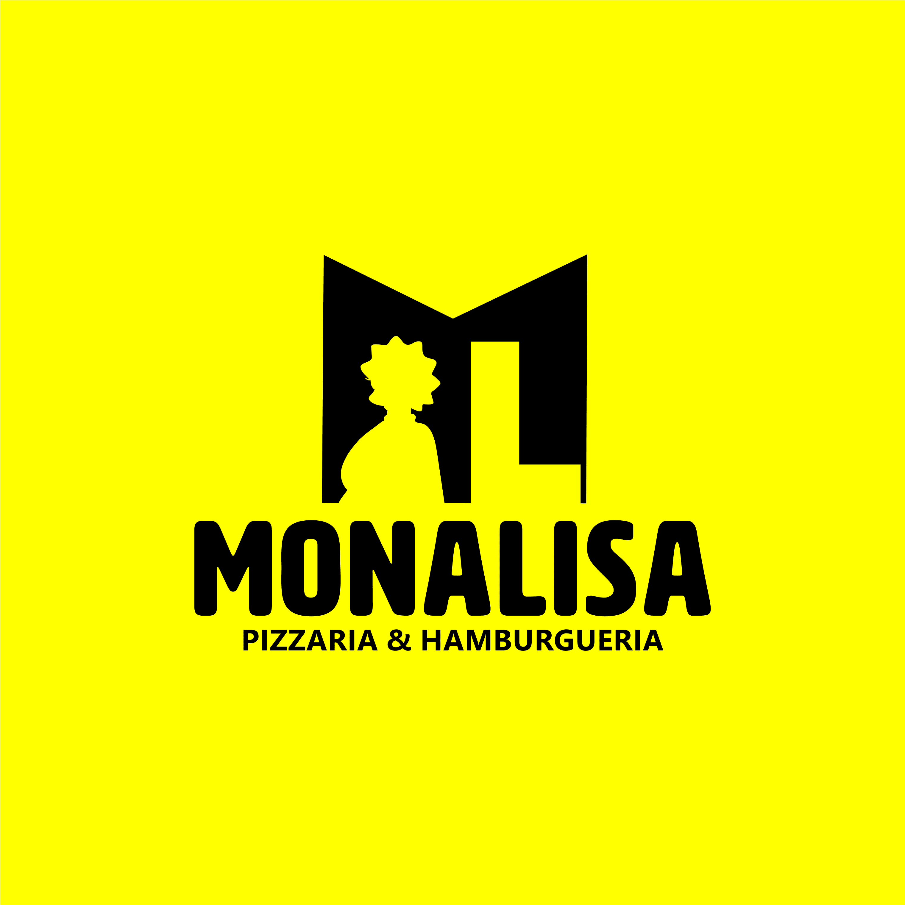 Logotipo da Monalisa Pizzaria e Hamburgueria em fundo amarelo, com identidade visual moderna e foco em pizzas e hambúrgueres artesanais.