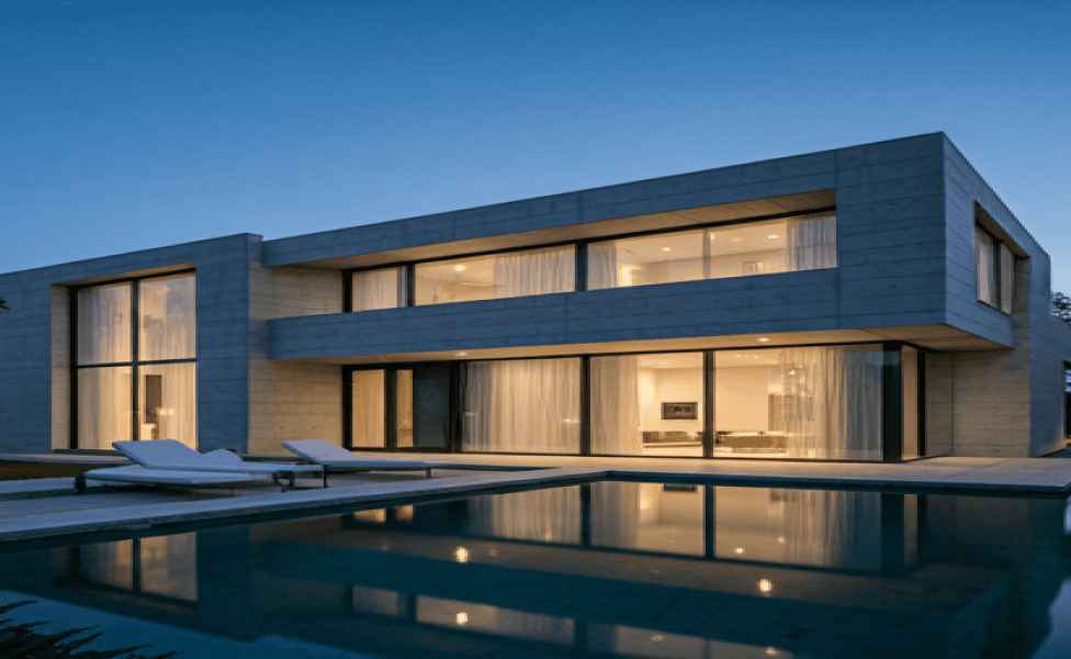 A modern house perched on a hillside, partially obscured by a blanket of fog, creating a serene and mysterious atmosphere.