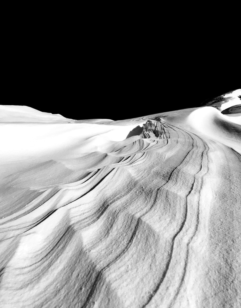 blackc white image showing a sandy dune in the desert.