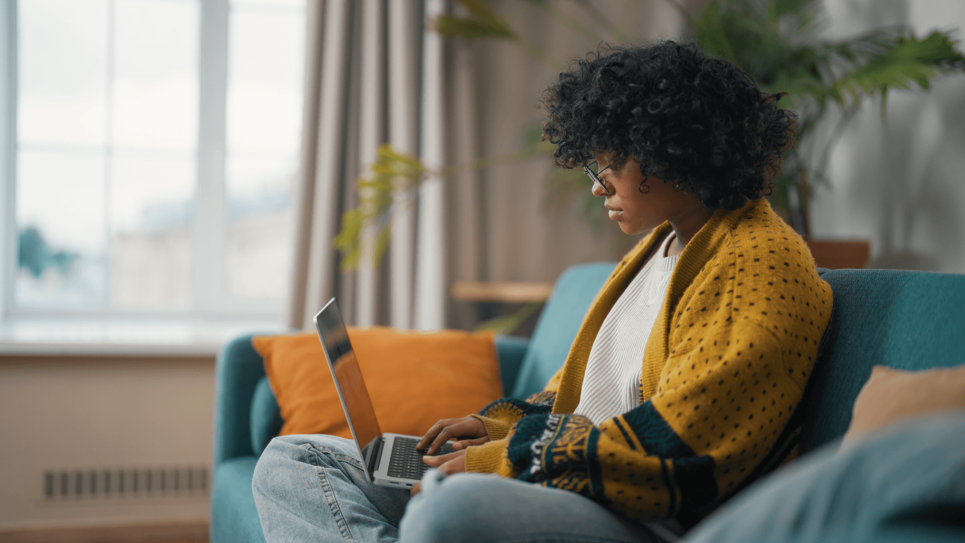 Woman using a computer.