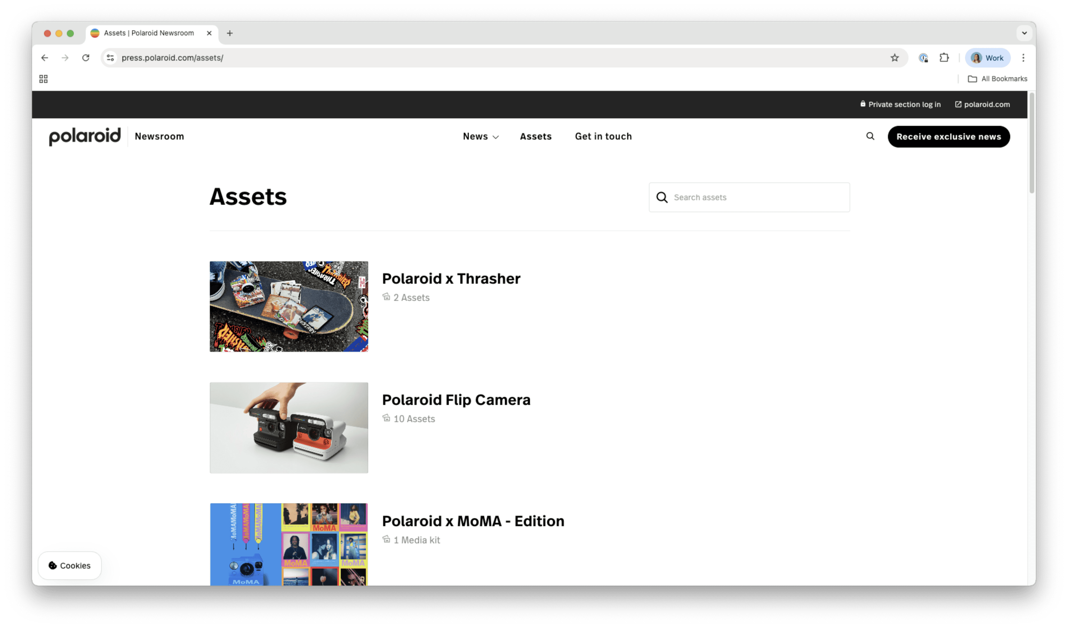 Screenshot of Polaroid's online newsroom