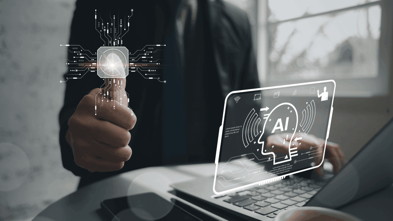 man verifying fingerprint while secure AI workflow hovers above laptop