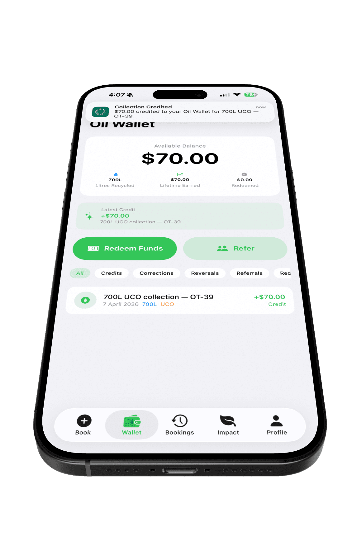 Oil Recycling app wallet