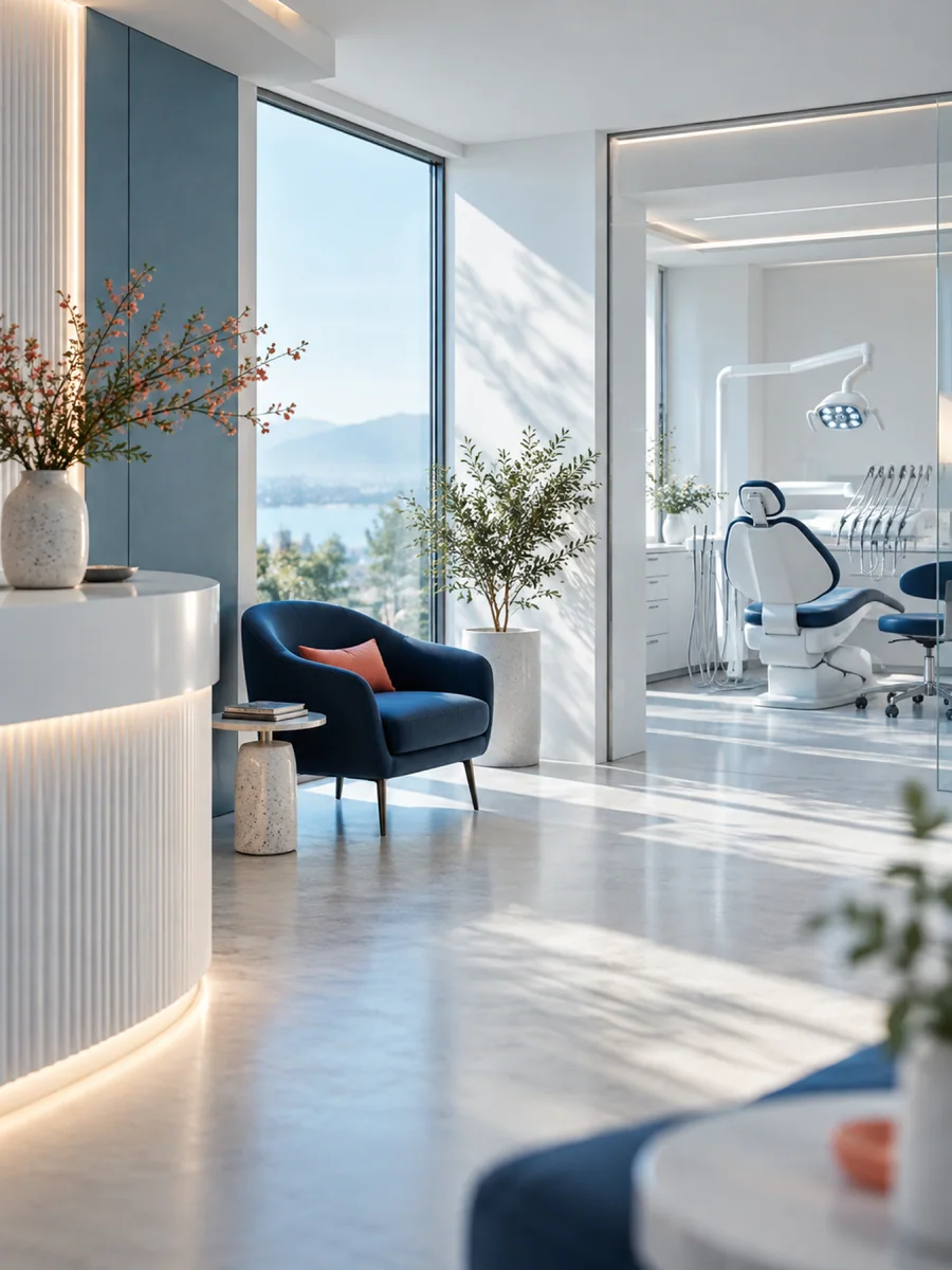 Bright reception lounge with a curved desk, a navy armchair and a sea view