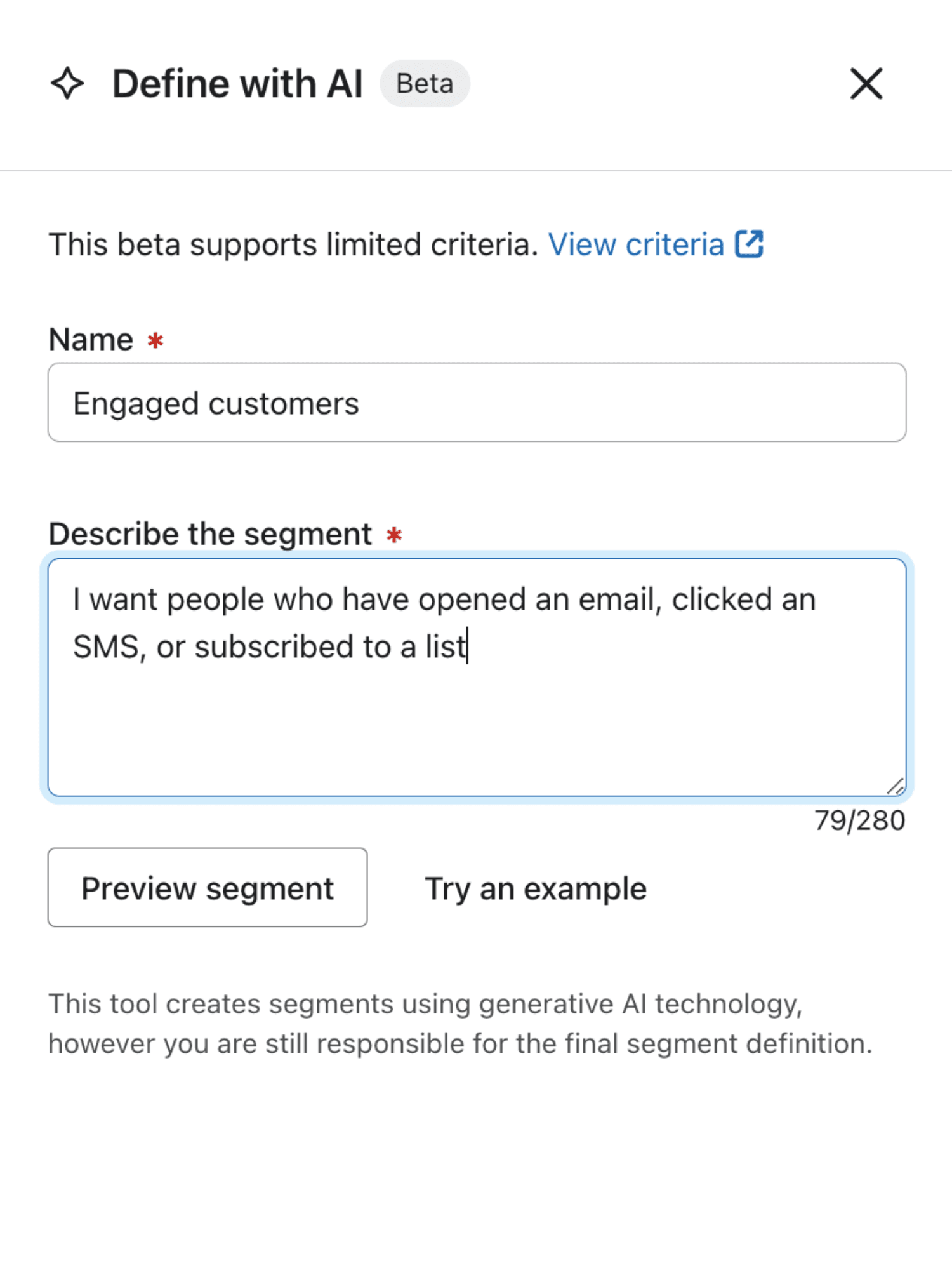 Segments-AI.png – Klaviyo's AI-driven audience segmentation tool, allowing users to define and create customer segments using natural language input.