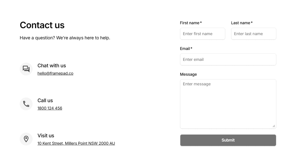 ein wireframe-auszug, eine contact-section