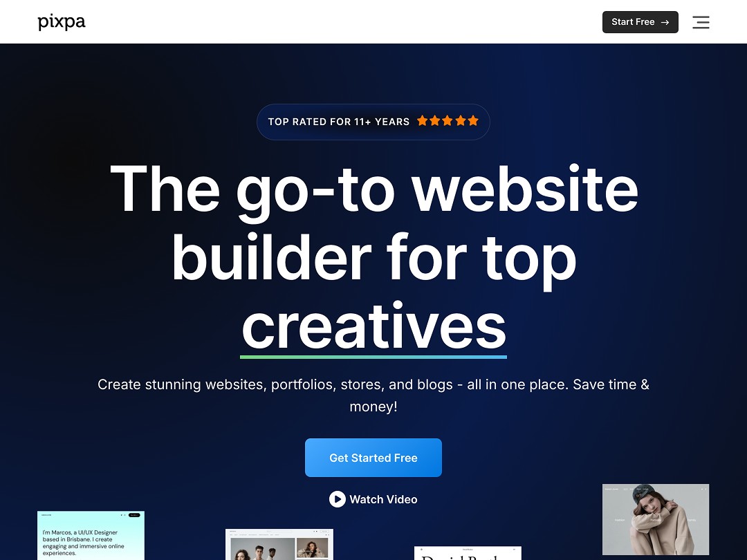 The image features a promotional banner for Pixpa, a no-code website builder, highlighting it as a top choice for creatives, with an emphasis on creating stunning websites, portfolios, stores, and blogs.