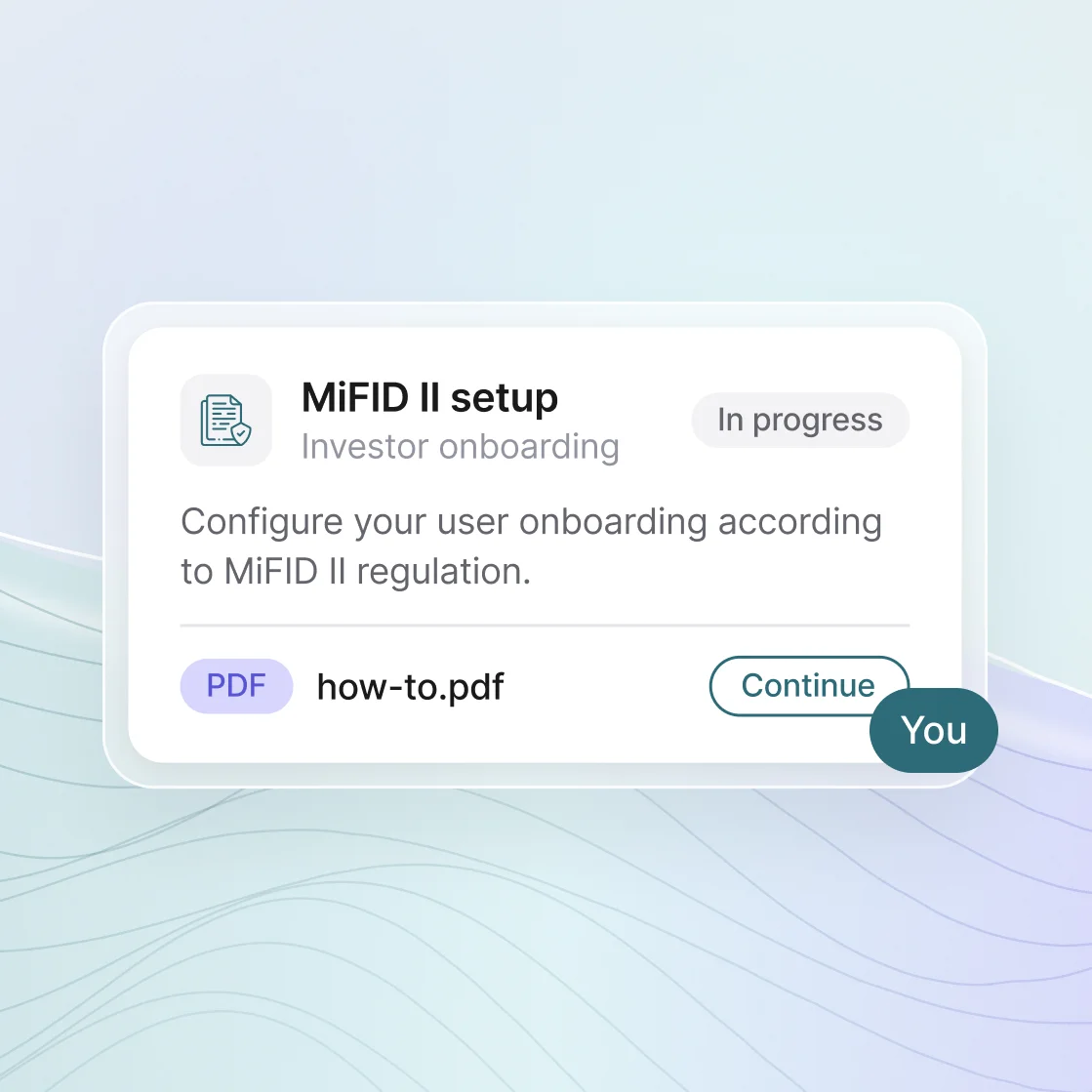 Einrichtungskarte für das Anleger-Onboarding gemäß MiFID II mit Status „In Bearbeitung“, Konfigurationsanweisungen, einer PDF-Anleitung und einer Schaltfläche „Weiter“ auf einem sanften pastellfarbenen Verlaufshintergrund.