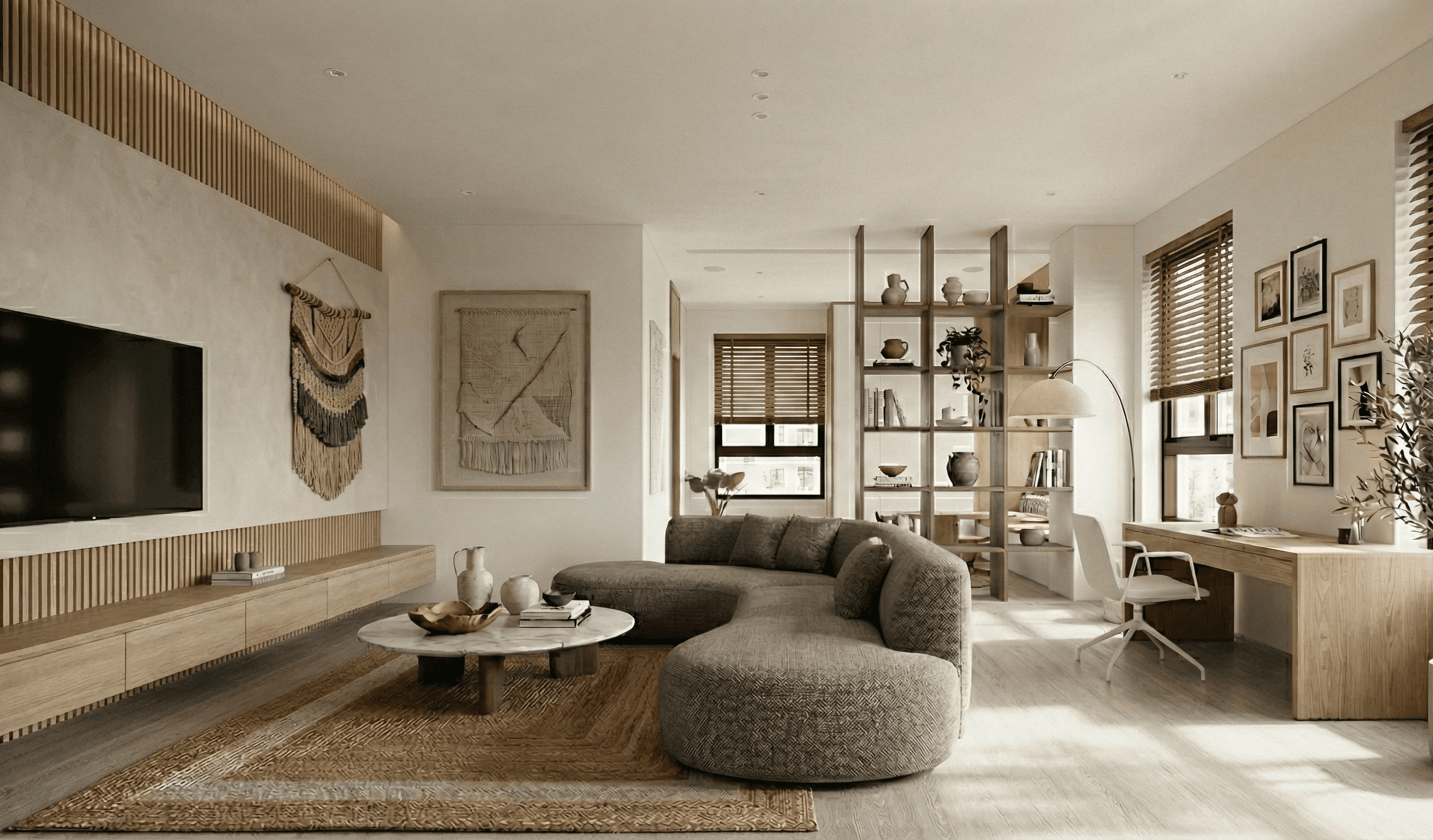 a room with a couch and a table