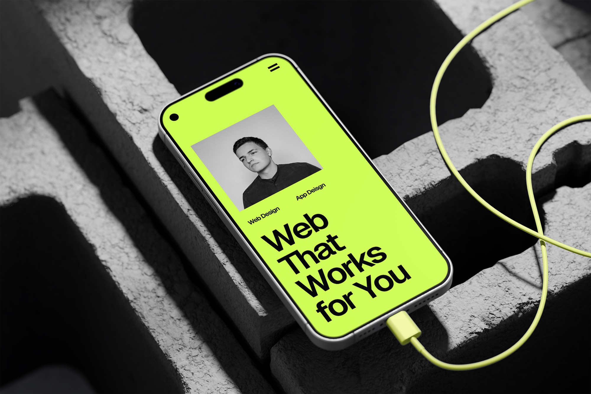 Phone on concrete bricks, website on screen