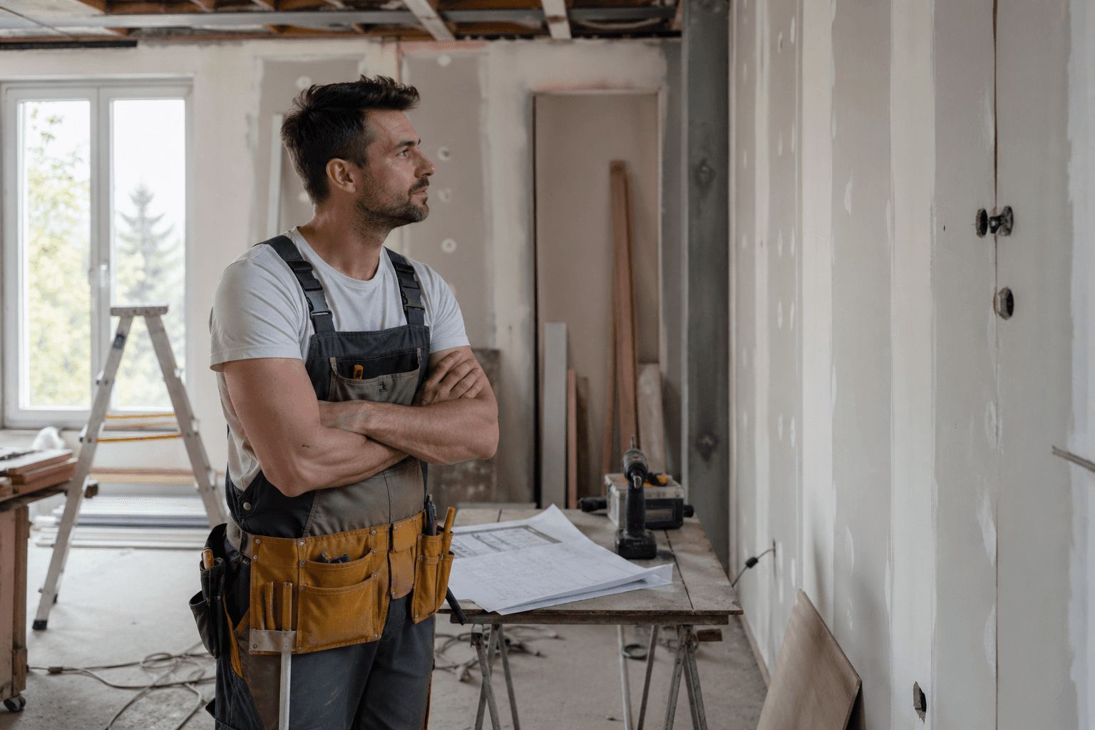 Homme ouvrier du bâtiment observant un mur en cours de rénovation dans un intérieur lumineux, entouré d’outils et de plans, exprimant une hésitation face aux travaux en cours