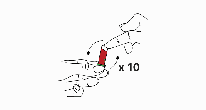 A line drawing of hands gently inverting a blood-filled collection tube up and down, with “×10” indicating it should be done ten times.