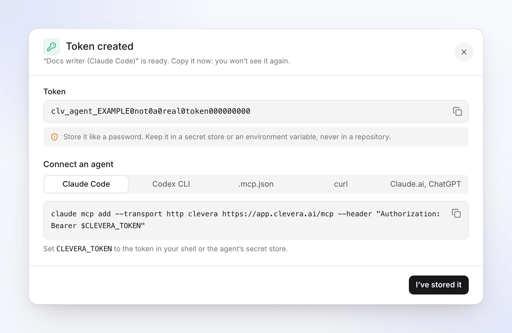 Clevera's Token created dialog with a ready-made Claude Code setup command (example token)