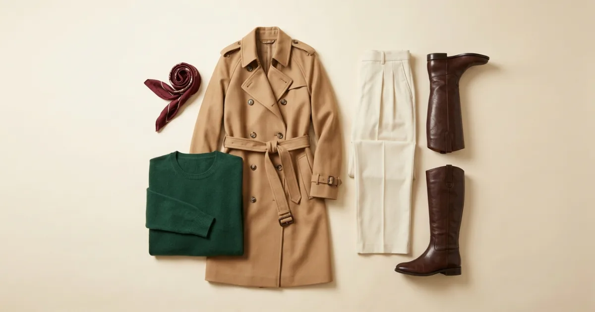 Camel wool trench coat with dark green cashmere knit, cream wool trousers, riding boots, and burgundy silk scarf on a warm ivory surface