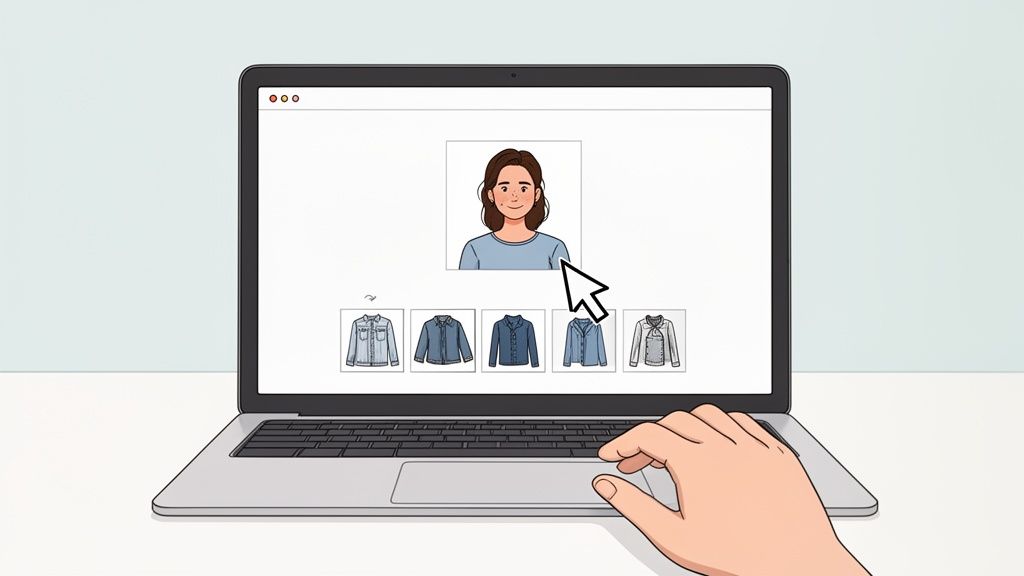 Eine Hand wählt auf einem Laptop Hemden für einen weiblichen Avatar aus.