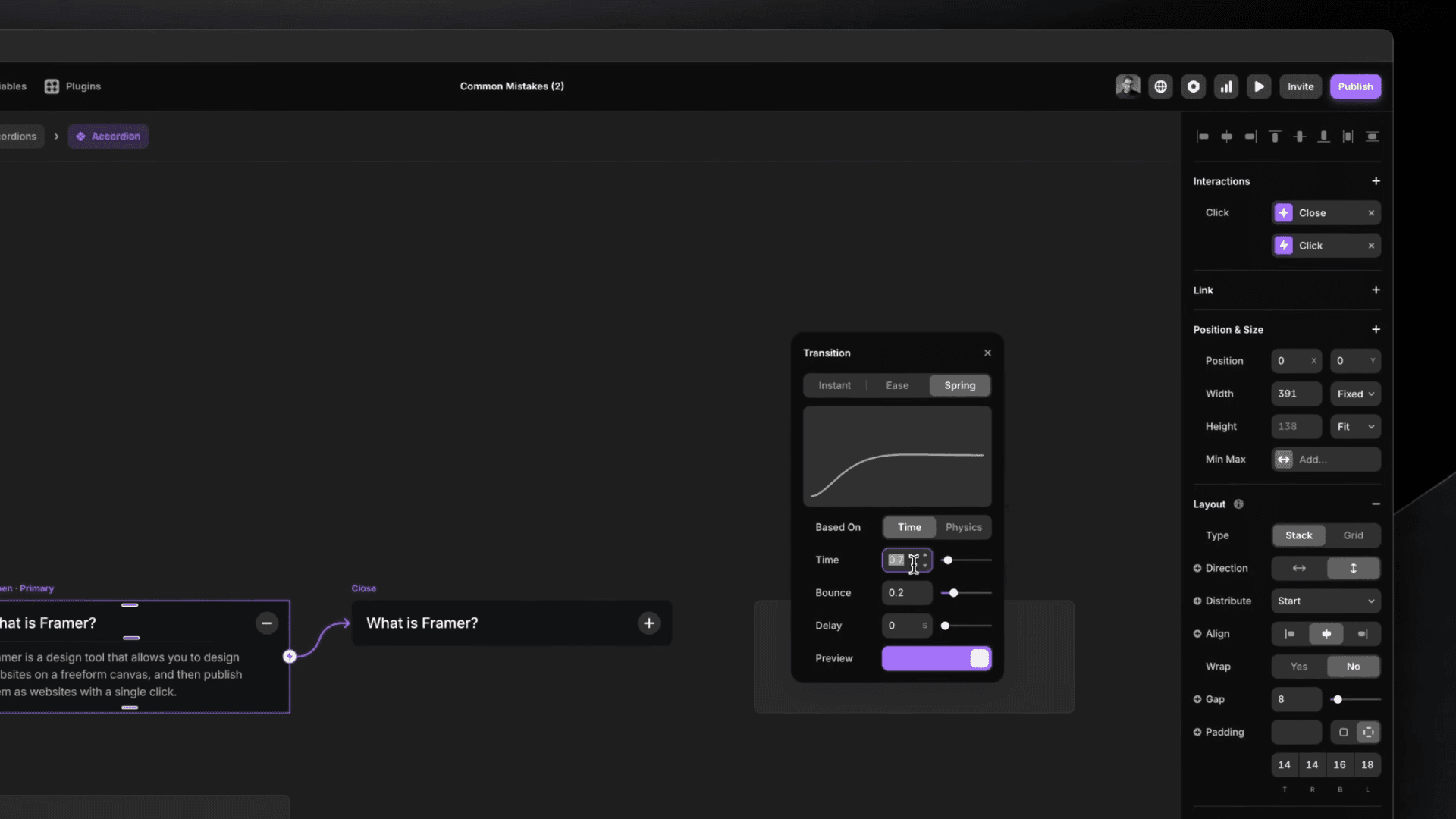 Design interface showing an accordion component configuration in a dark mode design tool, with settings for transitions, such as ease and spring, and other interaction properties displayed