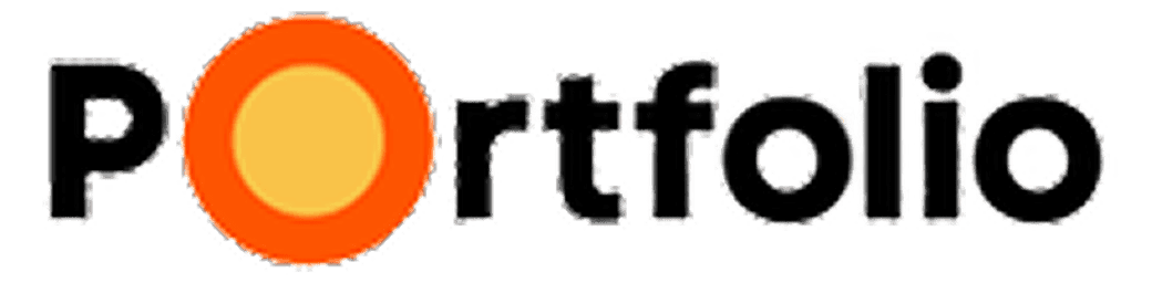 The image shows the word "Portfolio" in a stylized font, with the letter "O" designed as an orange and yellow concentric circle logo.