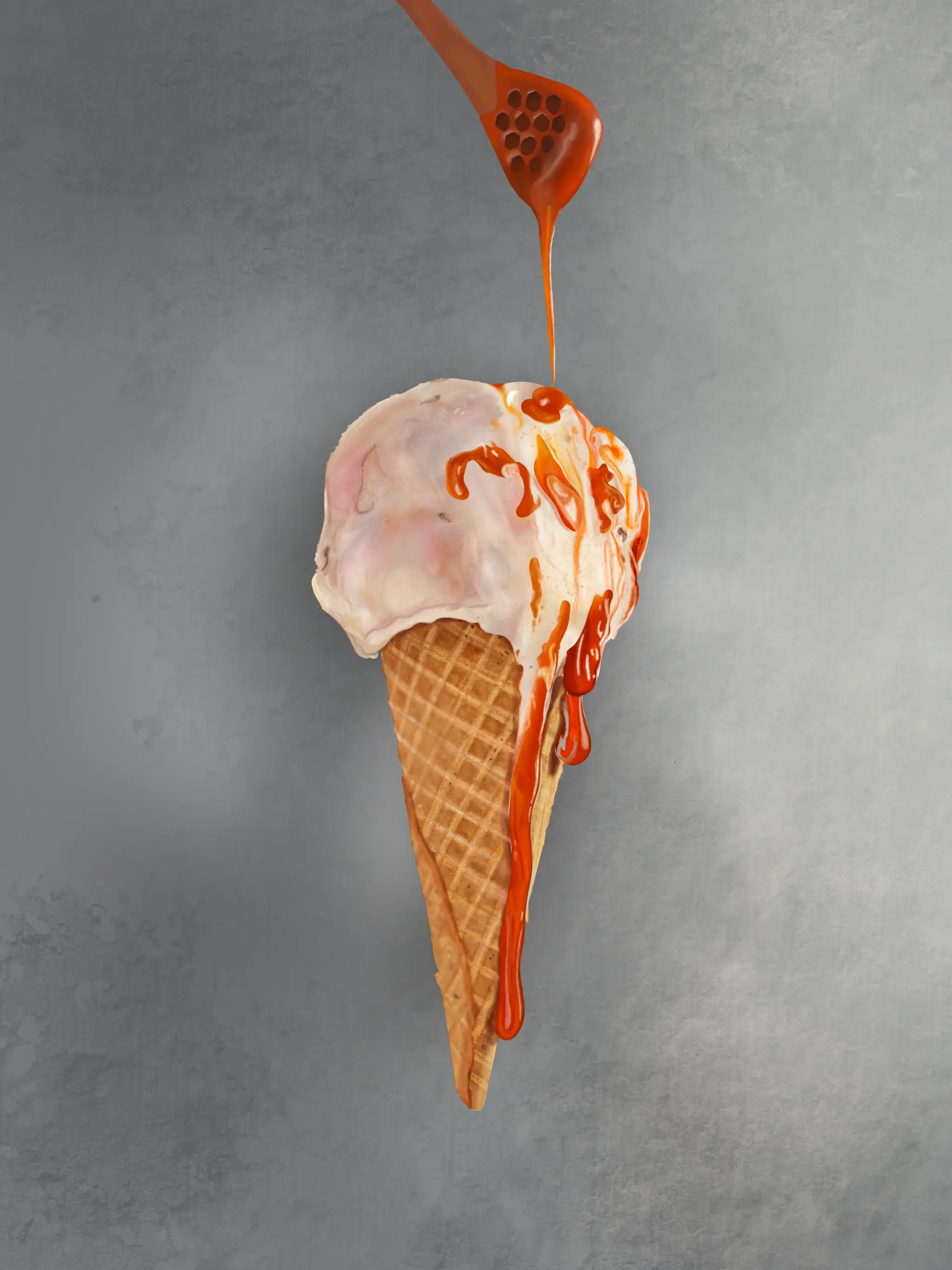 Realistic drawing of an ice cream cone with dripping caramel and ice cream melting