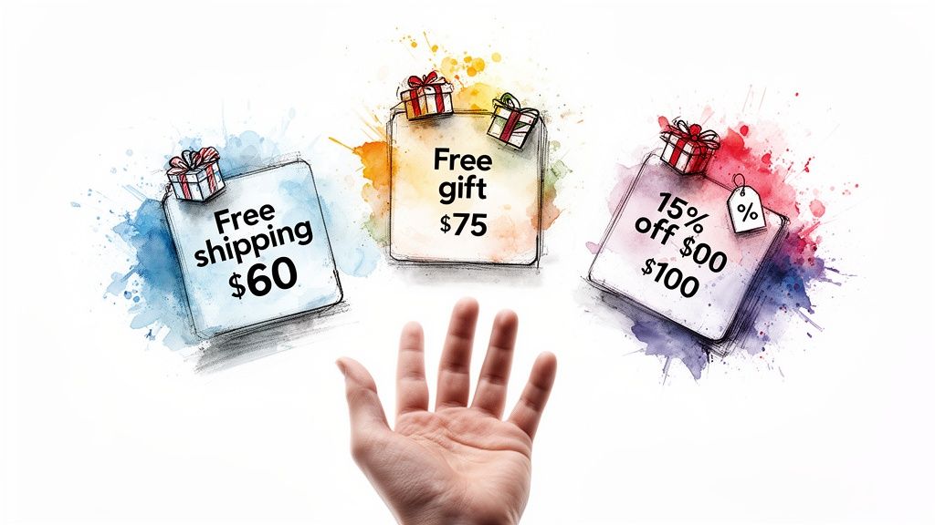 Watercolor illustration of a hand choosing between three promotional offer cards: free shipping, free gift, and 15% off.