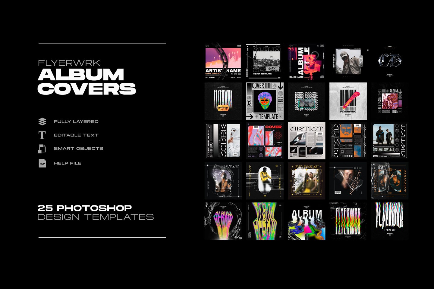 Grid display of twenty five Photoshop design templates for album covers podcasts and mixtapes