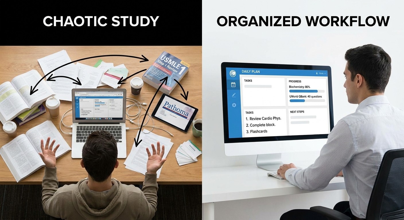 USMLE Step 1 study workflow comparison showing chaotic resource jumping versus organized daily plan system