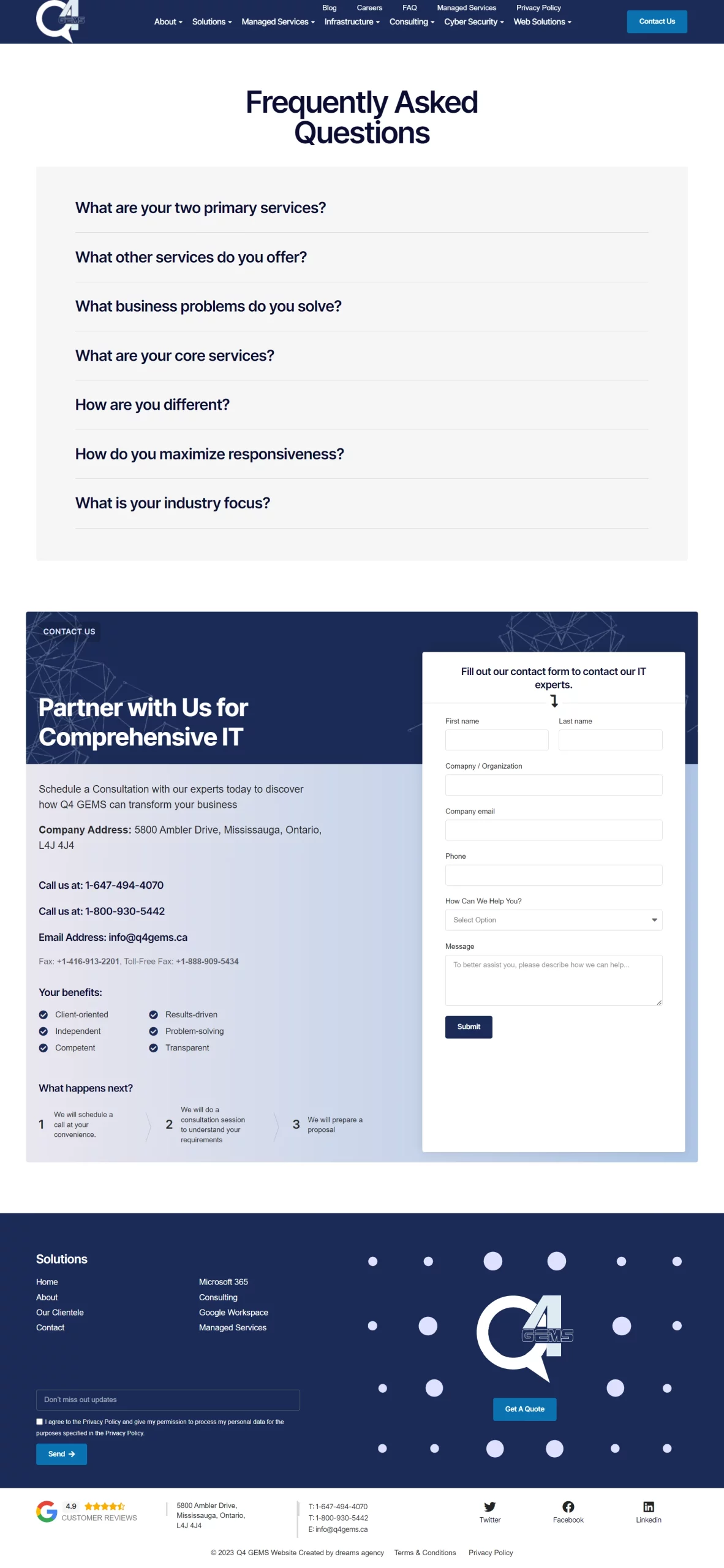 faqs page for q4gems website developed & designed by Dreams Agency Mississauga, Ontario