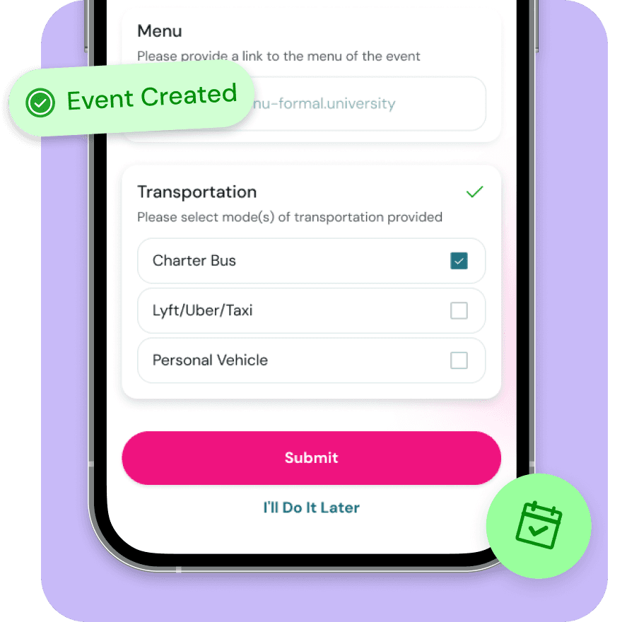 Lounge event setup form showing chapter bus and Lyft transportation options with event reviewed approval badge