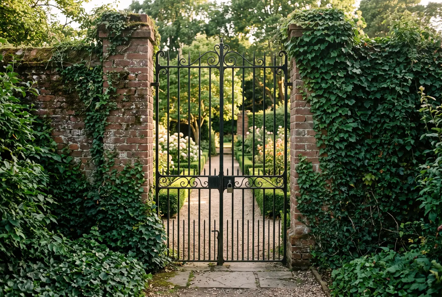 A closed iron garden gate in an ivy-covered brick wall, with a sunlit garden beyond