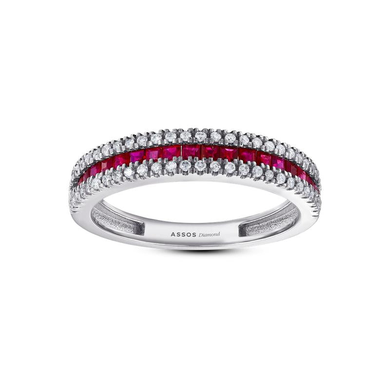 0.21 Karat Pırlanta ve Yakut Taşlı 14 Ayar Beyaz Altın Yüzük