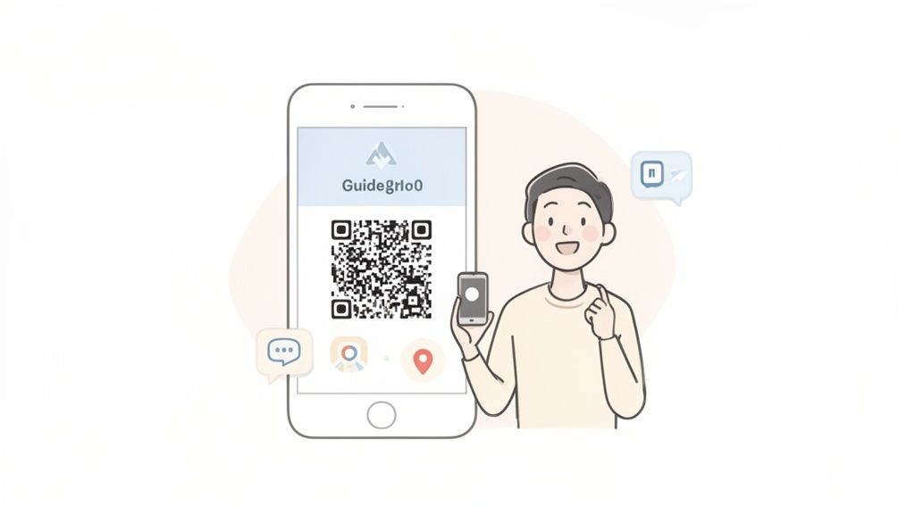 A smiling cartoon man holding a phone with a QR code and 'Guidegrl0' text, representing digital guides.