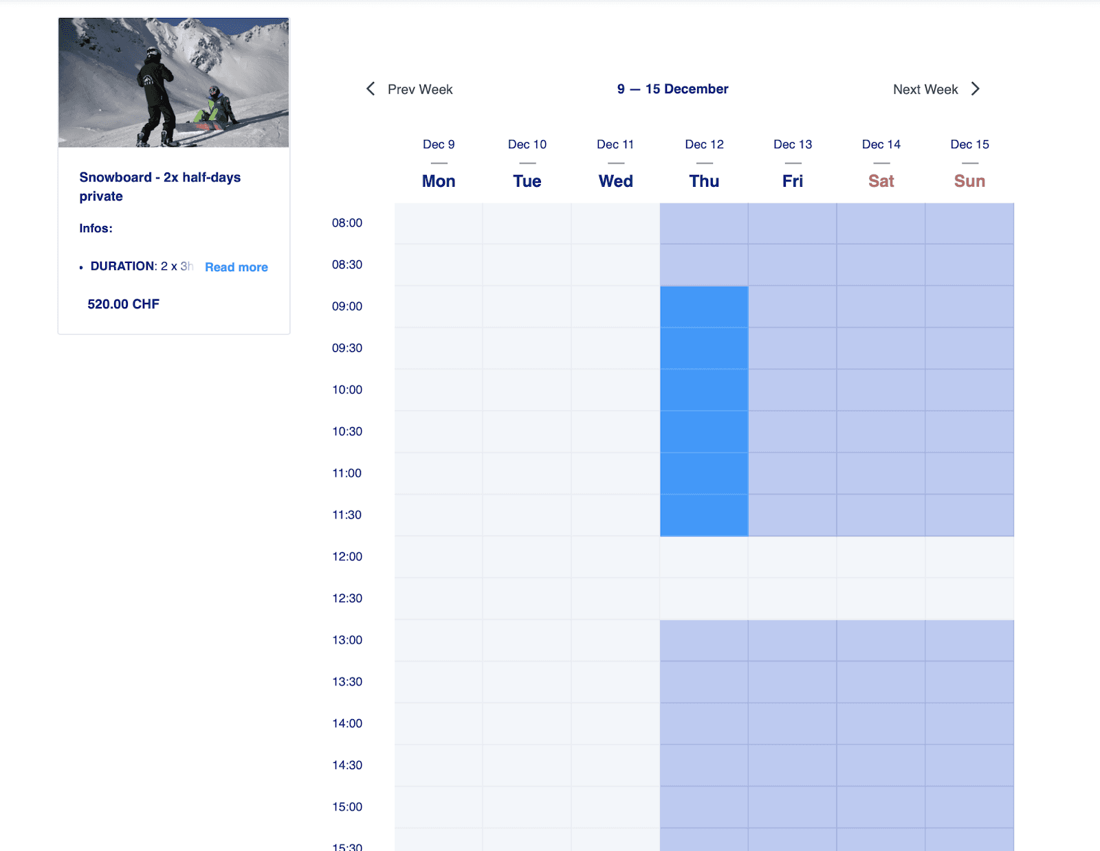 The Snow Experience online booking lessons, callendar