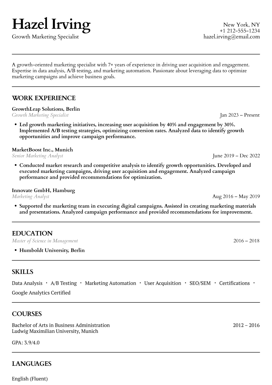 Growth marketing resume example
