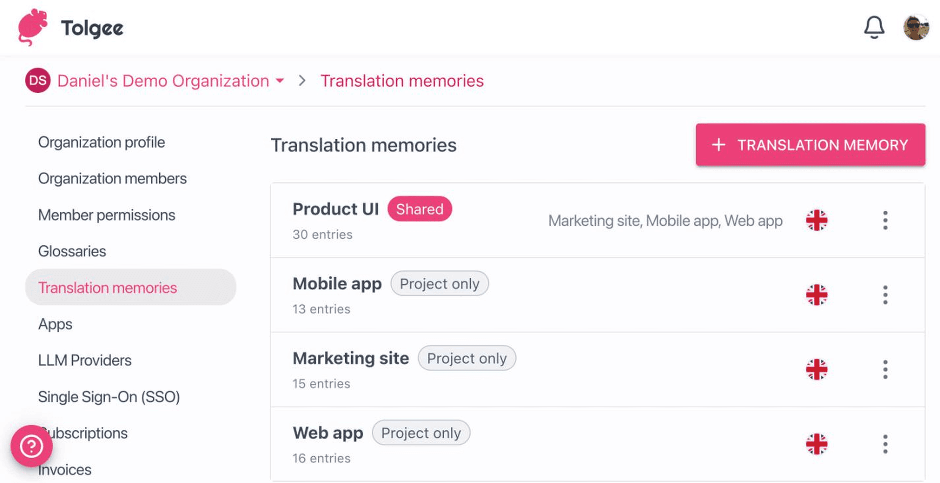 The organization translation memories list showing the new shared Product UI memory alongside three project-only memories created automatically for Web app, Mobile app and Marketing site.