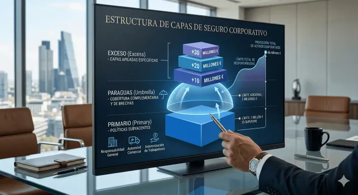 Arquitectura financiera de un programa de seguros corporativos con capas de exceso de RC.