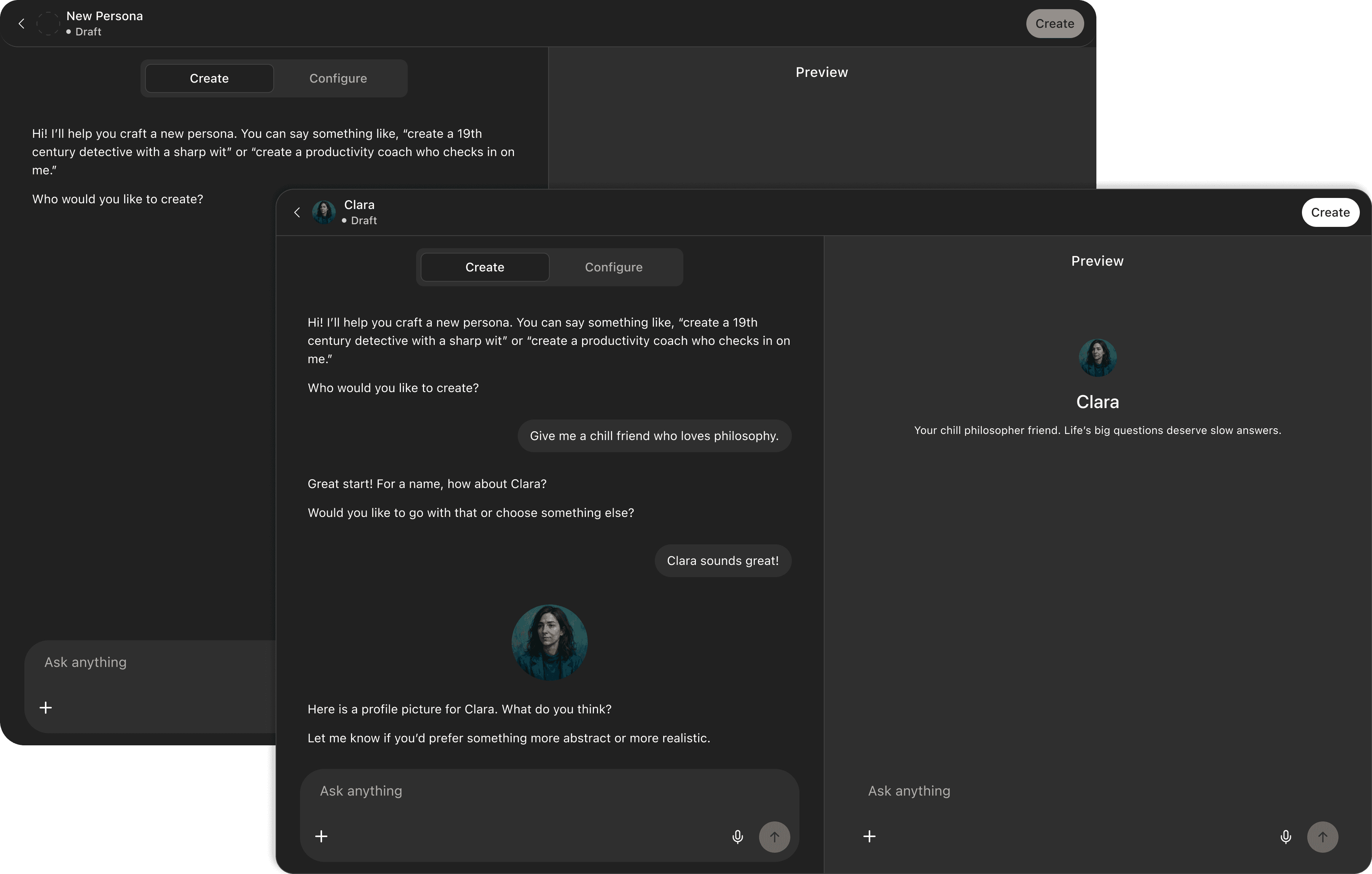Screenshot showing what the "create" tab looks like in the persona creation screen.