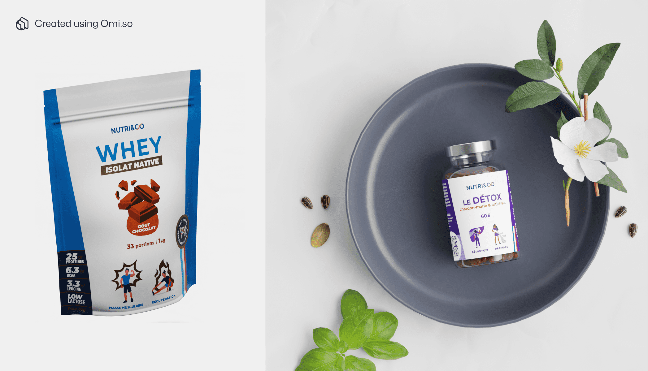 Blue-white whey protein bag and Detox supplement on blue plate, Nutri&Co products