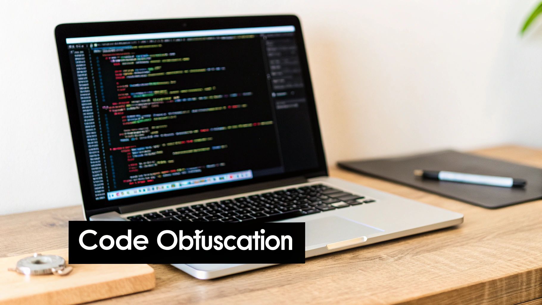 A laptop displaying lines of code on its screen, with 'Code Obfuscation' text overlaid on a wooden desk.