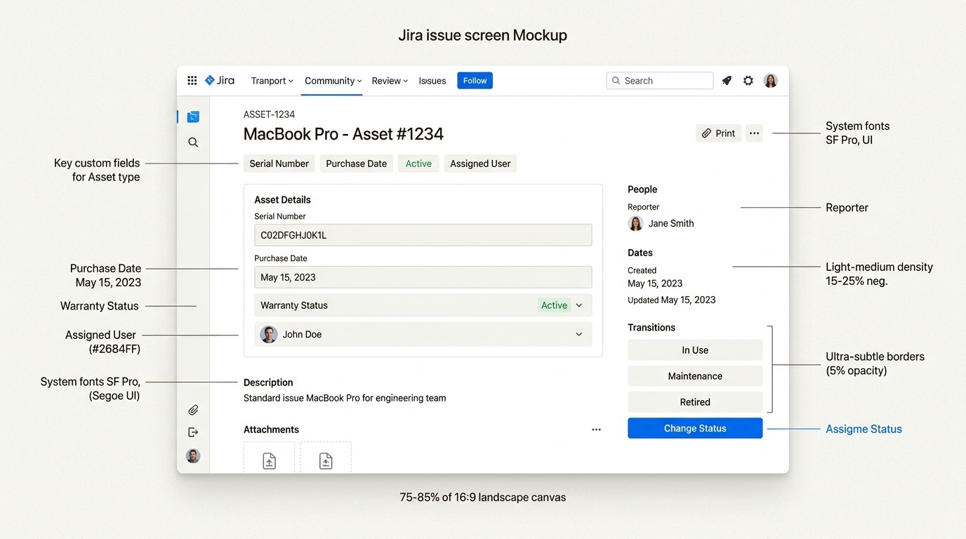 Native Jira issue types for simple asset tracking without marketplace apps.