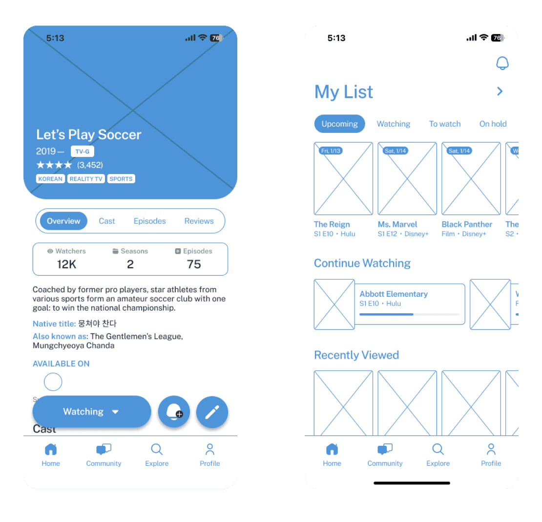 Mid-fidelity wireframes for Home page and Title page