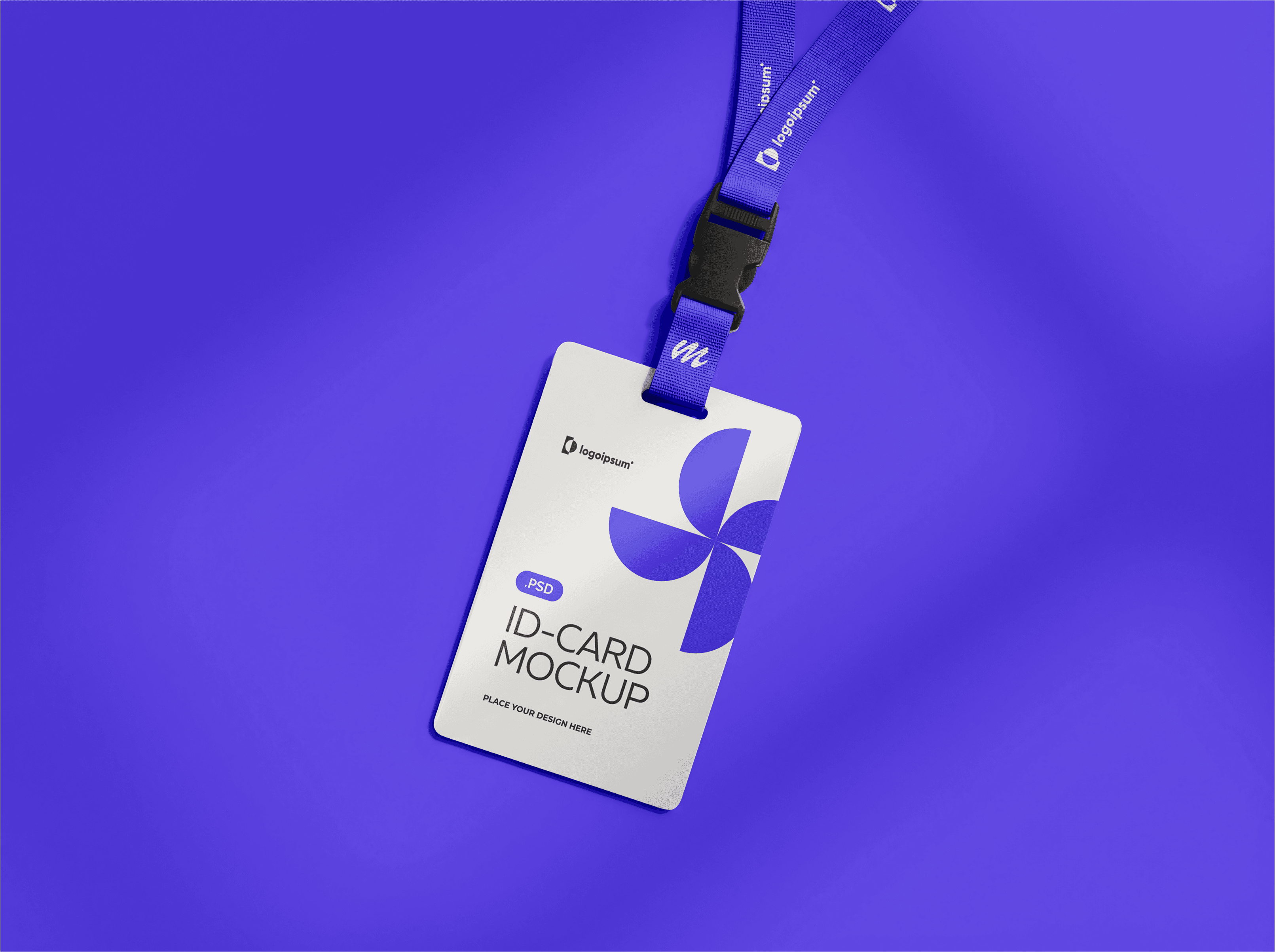 A high-angle, top-down view of a professional vertical ID card mockup attached to a purple lanyard with a black plastic buckle, set against a matching vibrant purple textured fabric background.