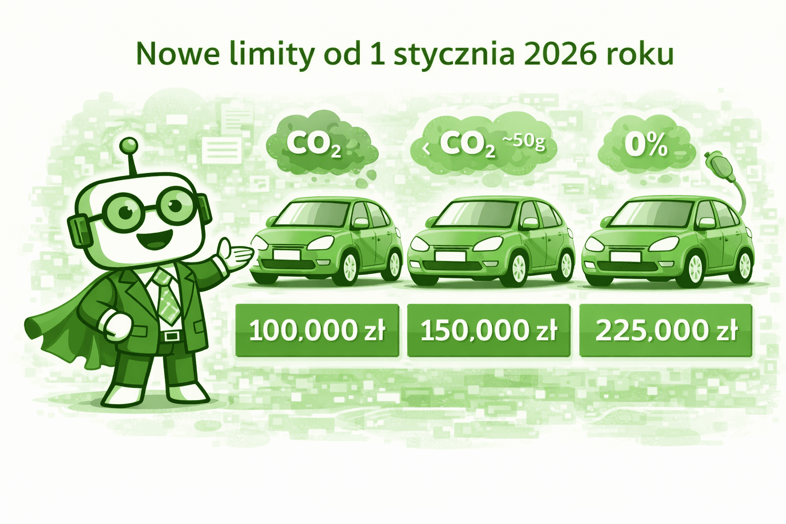Ilustracja robota prezentującego dane z aplikacji mObywatel, z elementami CEPIK i emisji CO₂.