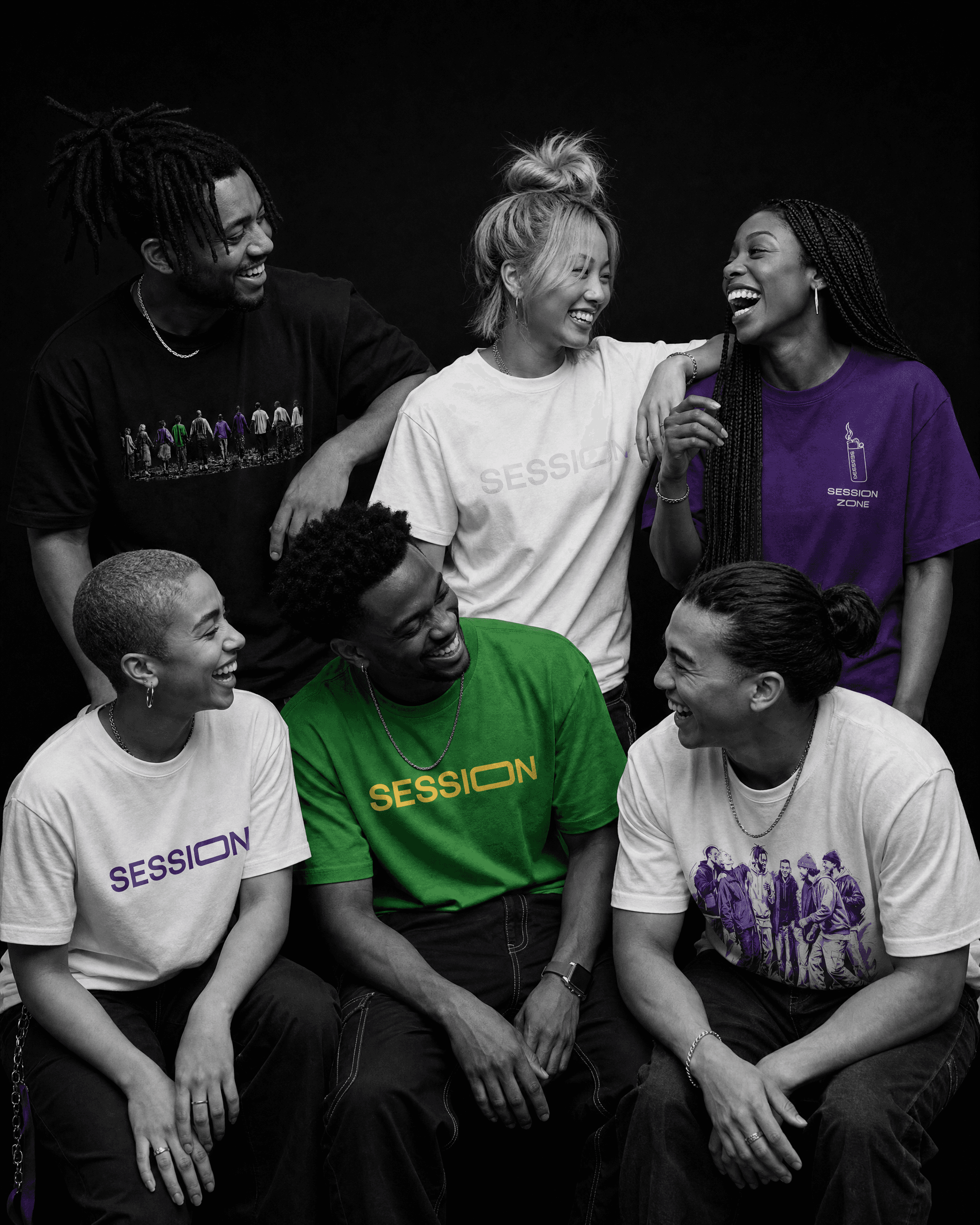 Six friends laughing together in Session Zone logo, lighter-graphic and community-graphic T-shirts.