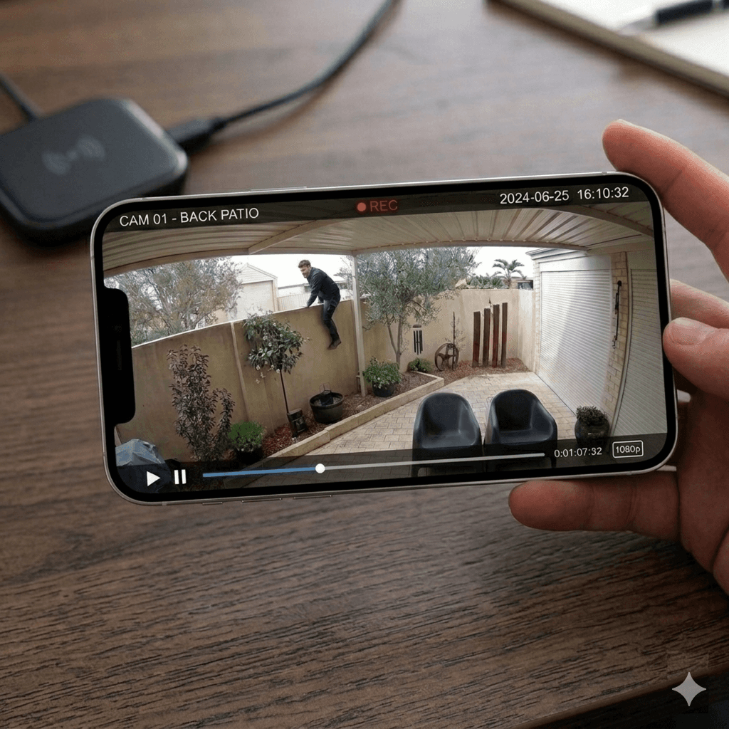 Security camera footage on a phone screen