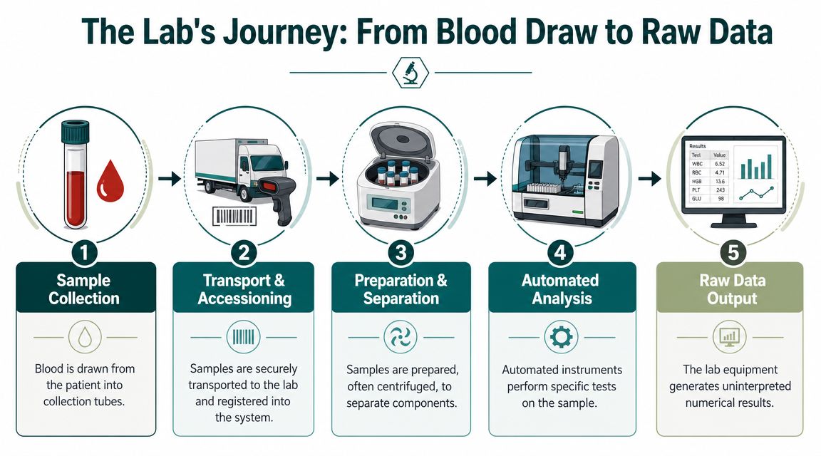 A five-step infographic illustrating the laboratory process from initial blood draw to final numerical data results.