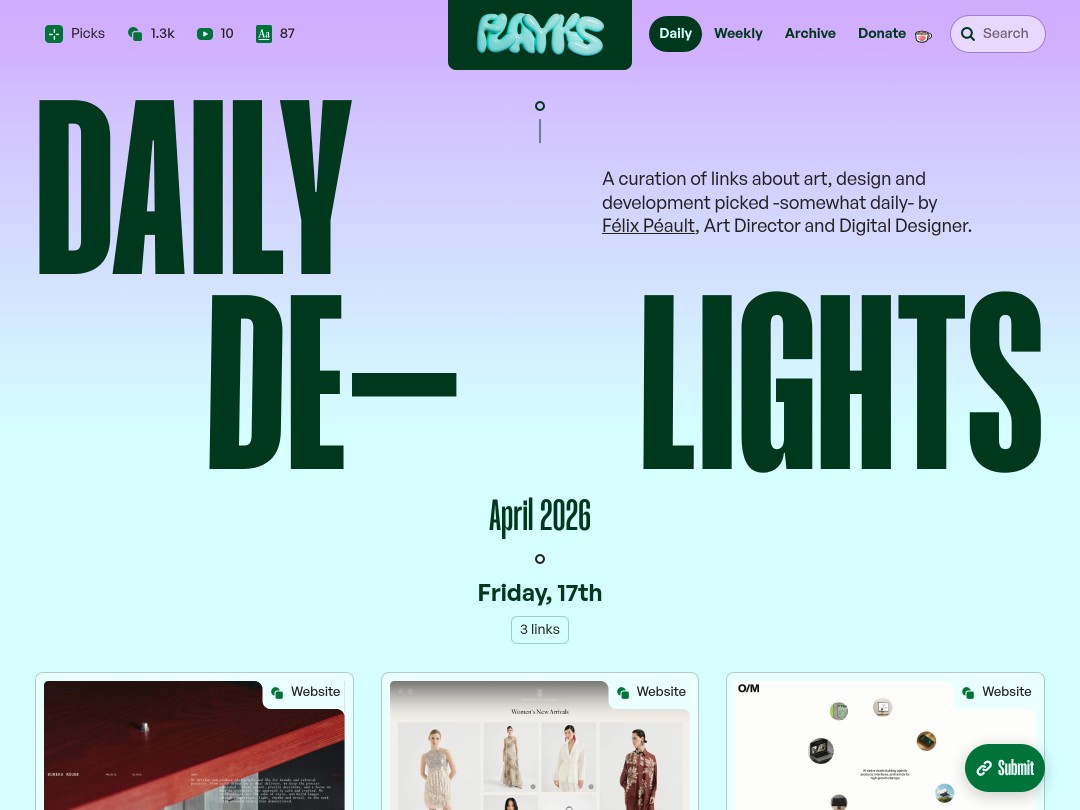 Webpage with "Daily Delights" headline and design links for April 17, 2026.