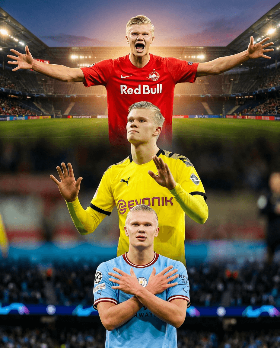 Artistic blend of Erling Haaland’s career journey through Salzburg, Dortmund, and Manchester City.