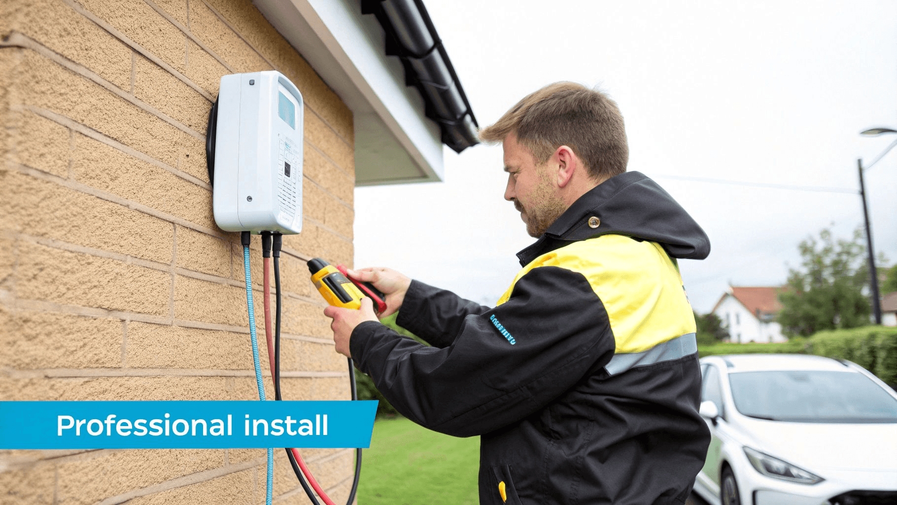 a man in a black and yellow service jacket installing a EV charger
